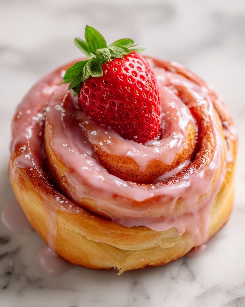 A close-up view of a small cinnamon roll with a swirl shape and golden-brown baked layers, covered in a shiny pink glaze that fills the crevices and drips slightly around the edges; sitting on a white marbled surface, the cinnamon roll is topped with a bright red strawberry with green leaves placed in the center of the swirl, adding a fresh and colorful contrast to the warm tones of the pastry and glaze. photo taken with an iphone --ar 4:5 --v 7