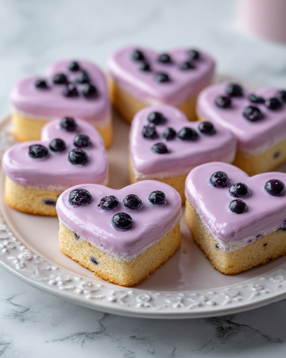 The image shows six small heart-shaped cakes arranged neatly on a white plate with a detailed edge. Each cake has three layers: a bottom layer of light golden brown cake, a middle layer of a slightly darker brown, and a top layer of smooth purple icing with fresh blueberries embedded into it. The icing has a shiny texture and the blueberries add a pop of dark blue color. The plate is placed on a white marbled surface, giving a clean and bright look. photo taken with an iphone --ar 4:5 --v 7