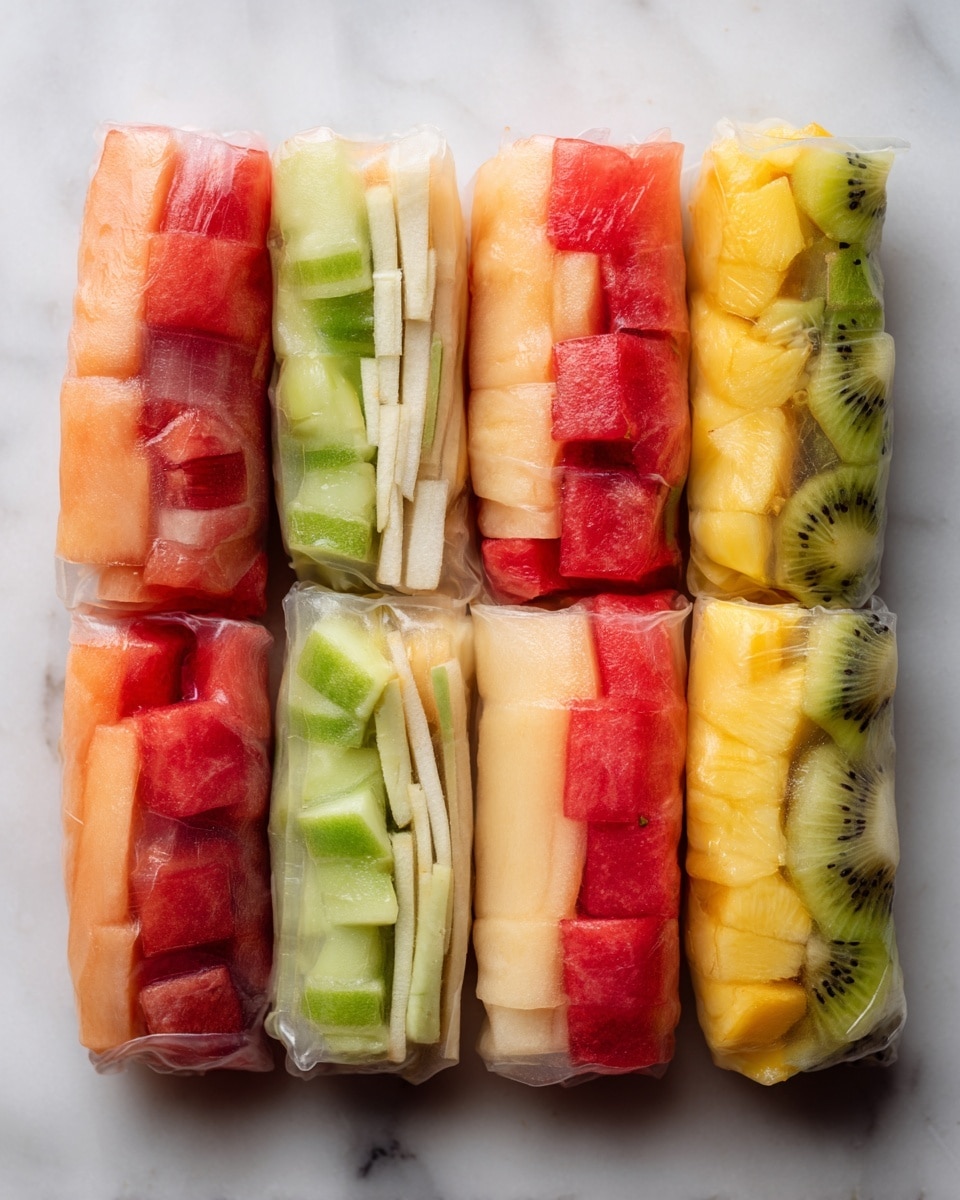 The image shows four fresh spring rolls stacked close together on a white marbled surface. Each roll is wrapped in thin, translucent rice paper, revealing layers inside. The outer layer includes slices of green kiwi and light yellow mango. Inside, there are diced pale yellow pineapple pieces followed by a layer of white and orange melon sticks. The texture of the rice paper is soft and slightly shiny, tightly holding all the colorful, juicy fruit layers together. The roll ends show a mix of red watermelon and orange cantaloupe chunks, contributing to the vibrant look. Photo taken with an iphone --ar 4:5 --v 7
