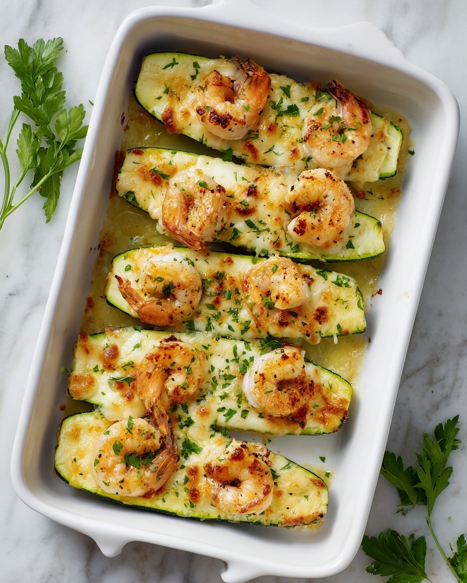 A white rectangular baking dish holds six zucchini boats arranged neatly in two rows of three. Each zucchini half is hollowed out and filled with melted golden cheese as the base layer, which is slightly browned and bubbly around the edges. On top of the cheese inside each zucchini, there are two or three grilled shrimp that are pink with some charred, crispy spots. The dish is sprinkled with small pieces of fresh green parsley scattered evenly over the shrimp and cheese. The background surface shows a white marbled texture with some sprigs of fresh parsley surrounding the baking dish. photo taken with an iphone --ar 4:5 --v 7