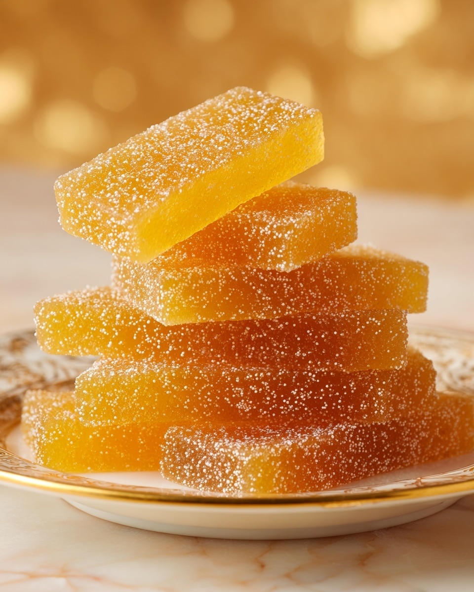 The image shows a stack of eight rectangular jelly candies on a white plate with a gold trim. Each candy is yellow-orange in color and coated evenly with white sugar crystals, giving them a rough texture. The candies are arranged in a slightly messy pile, with some pieces resting horizontally and others placed at slight angles on top. The white plate sits on a white marbled surface, with a blurred golden decorative object in the background. Photo taken with an iphone --ar 4:5 --v 7
