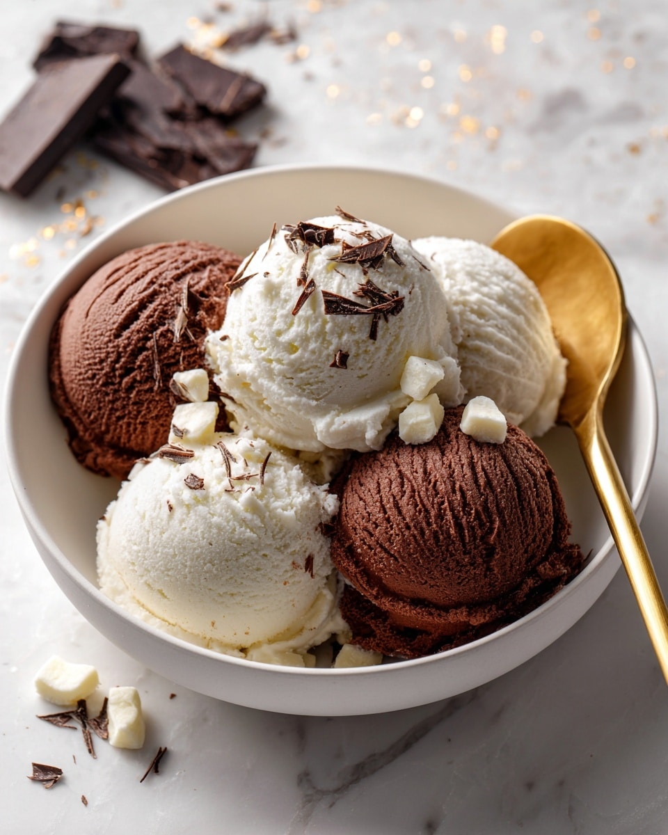 The image shows a white bowl filled with four large scoops of ice cream, three dark brown chocolate scoops and one pure white scoops placed on top slightly to the right. The scoops have smooth and creamy textures with the chocolate scoops showing fine ridges. Scattered on top are small chunks of white chocolate pieces and thin shavings of dark chocolate, adding contrast and texture. A shiny gold spoon is placed inside the bowl on the right side, reflecting light. The bowl sits on a surface with a white marbled texture, with blurred pieces of dark chocolate and warm light spots in the background. photo taken with an iphone --ar 4:5 --v 7