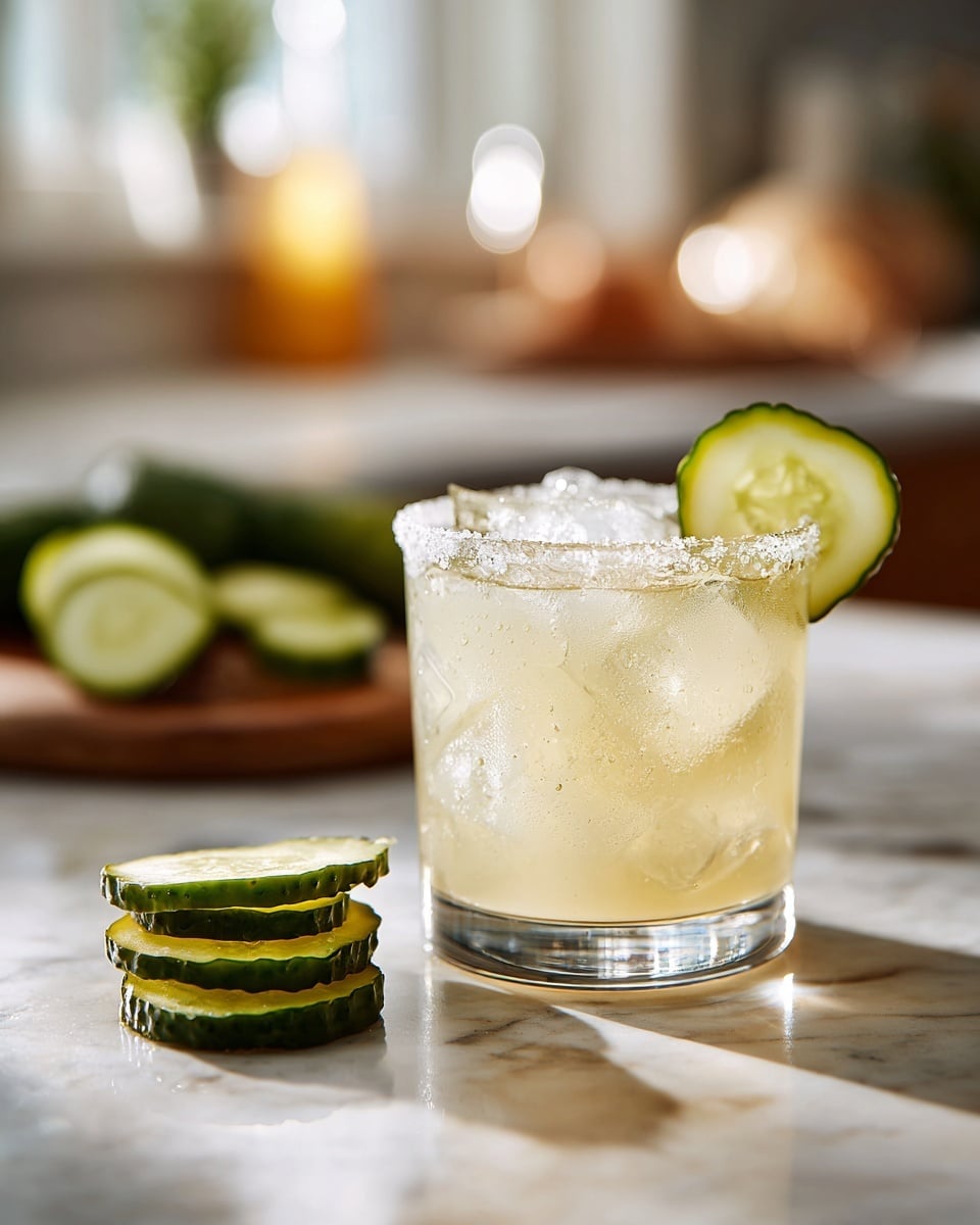 A clear, short glass filled with pale yellow liquid and ice cubes, the surface rimmed with coarse salt crystals, holding a single green, translucent pickle slice on the edge. Behind the glass, several more pickle slices lie in a small stack on a white marbled surface. The background is softly blurred, showing a kitchen with neutral tones and warm light reflections. photo taken with an iphone --ar 4:5 --v 7