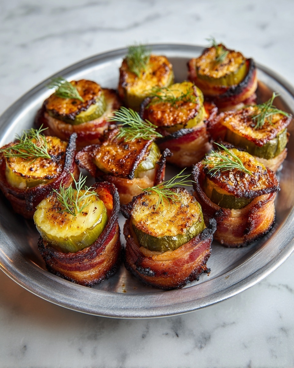 A dark gray metal muffin tray holds nine savory bites, each with two layers visible. The bottom layer is wrapped in crispy, reddish-brown bacon with a slight shine, forming a cup-shaped base, while the top layer is a round, thick slice of green pickle with a wrinkled texture and some black pepper specks. A small sprig of fresh, bright green dill rests on top of each pickle slice, adding a touch of color. The tray sits on a white marbled surface, with a soft light highlighting the golden, cooked edges of the bacon and the moist look of the pickles. Photo taken with an iphone --ar 4:5 --v 7