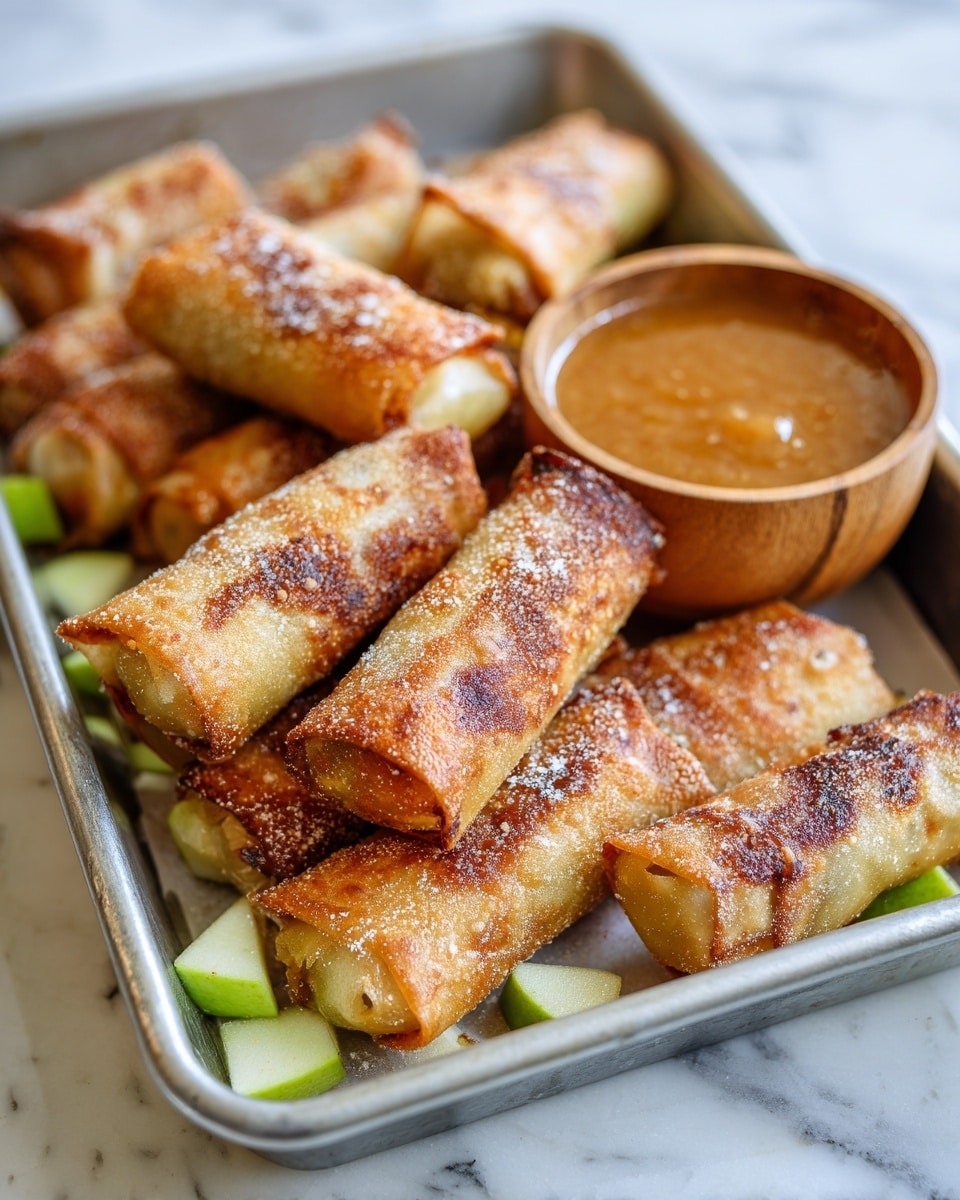 The image shows a metal tray filled with about a dozen golden-brown, cylindrical spring rolls. Each spring roll has a crispy, slightly bubbly texture with some areas darker from baking or frying, and they are dusted with a fine layer of sugar. Small pieces of green apple are scattered underneath and around the rolls. In the bottom right corner of the tray, there is a small wooden bowl filled with a smooth, thick, caramel-colored dipping sauce. The tray is placed on a white marbled surface. photo taken with an iphone --ar 4:5 --v 7