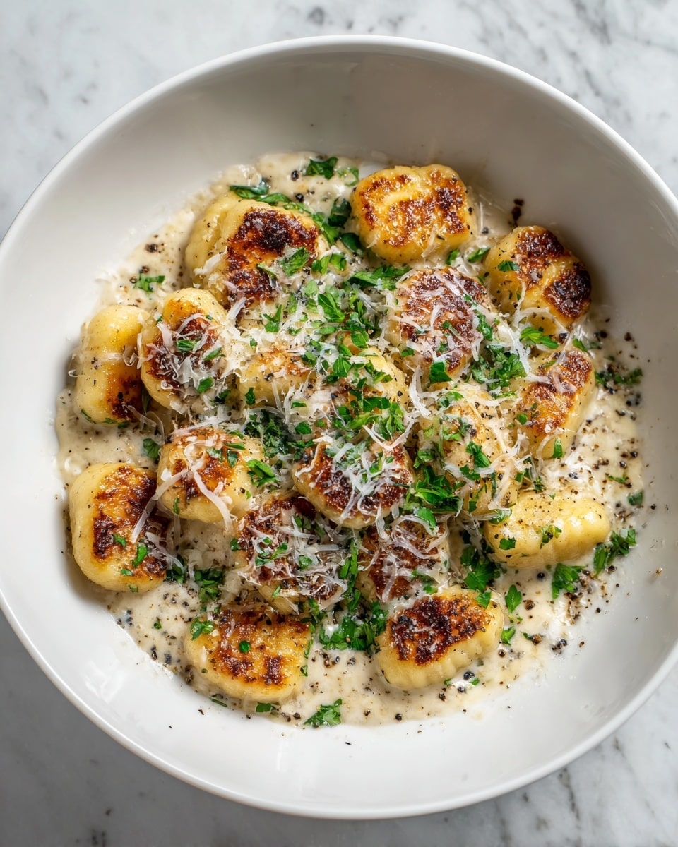 A white plate holds a single layer of golden-brown pan-fried gnocchi, each piece slightly crispy on the outside with a soft creamy texture visible. The gnocchi sit in a smooth, pale cream sauce that pools around and slightly under them. On top, there is a generous sprinkle of finely grated white cheese and freshly cracked black pepper. Bright green chopped parsley is scattered across the dish, adding a fresh contrast to the warm colors. The plate rests on a white marbled surface. photo taken with an iphone --ar 4:5 --v 7