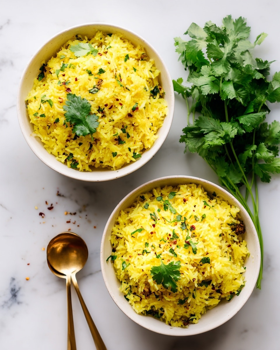 Two white bowls filled with yellow rice mixed with small green herbs and tiny brown spices, showing a fluffy texture with some visible grains and bits of seasoning. The bowls are placed on a white marbled surface with a fresh green cilantro bunch beside them. A golden spoon lies next to the bowls, reflecting light softly. The scene is bright and clear, emphasizing the freshness and warmth of the dish. photo taken with an iphone --ar 4:5 --v 7