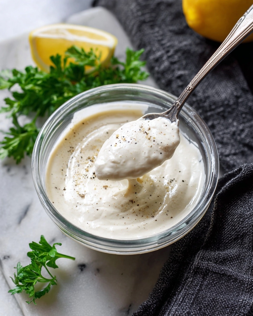 The image shows a clear glass bowl filled with a thick, creamy white sauce that has a smooth texture and is sprinkled with black pepper. A metal spoon is dipped into the sauce, lifting a dollop that reveals the sauce’s airy consistency. The bowl sits on a white marbled texture surface, alongside a yellow lemon wedge and fresh green parsley. A folded dark gray cloth is also present near the bowl, adding contrast to the scene. Photo taken with an iphone --ar 4:5 --v 7