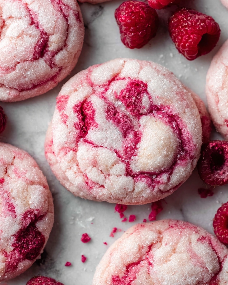 The image shows round cookies with a soft, crinkly texture in light pink color, swirled with darker red streaks of raspberry. The cookies appear thick and slightly puffy, with a sugar-coated surface giving a light sparkle. They are placed on a white marbled textured surface, with some fresh raspberries and crushed raspberry bits scattered around. The overall look is close-up and vibrant, highlighting the soft and moist texture of the cookies and the juicy raspberry pieces nearby. photo taken with an iphone --ar 4:5 --v 7