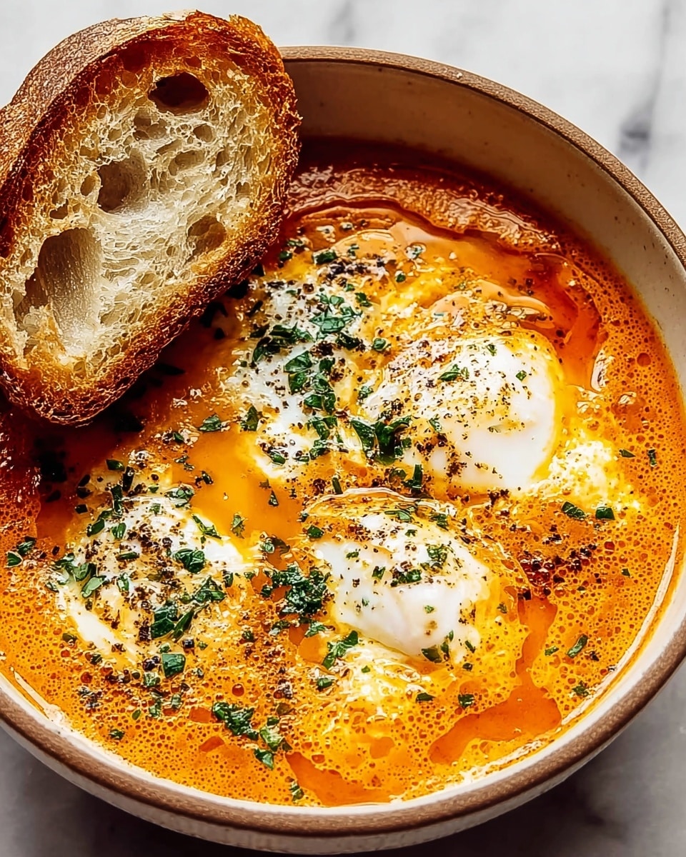 A bowl with three visible layers: the bottom layer is a smooth, bright orange soup with a slightly foamy texture; on top of that are two soft, white poached eggs with runny yolks peeking through, sprinkled with finely chopped green herbs and black pepper; the third layer consists of a toasted slice of crusty white bread, partially dipped into the soup, showing its airy texture. The bowl is set on a white marbled surface. Photo taken with an iphone --ar 4:5 --v 7