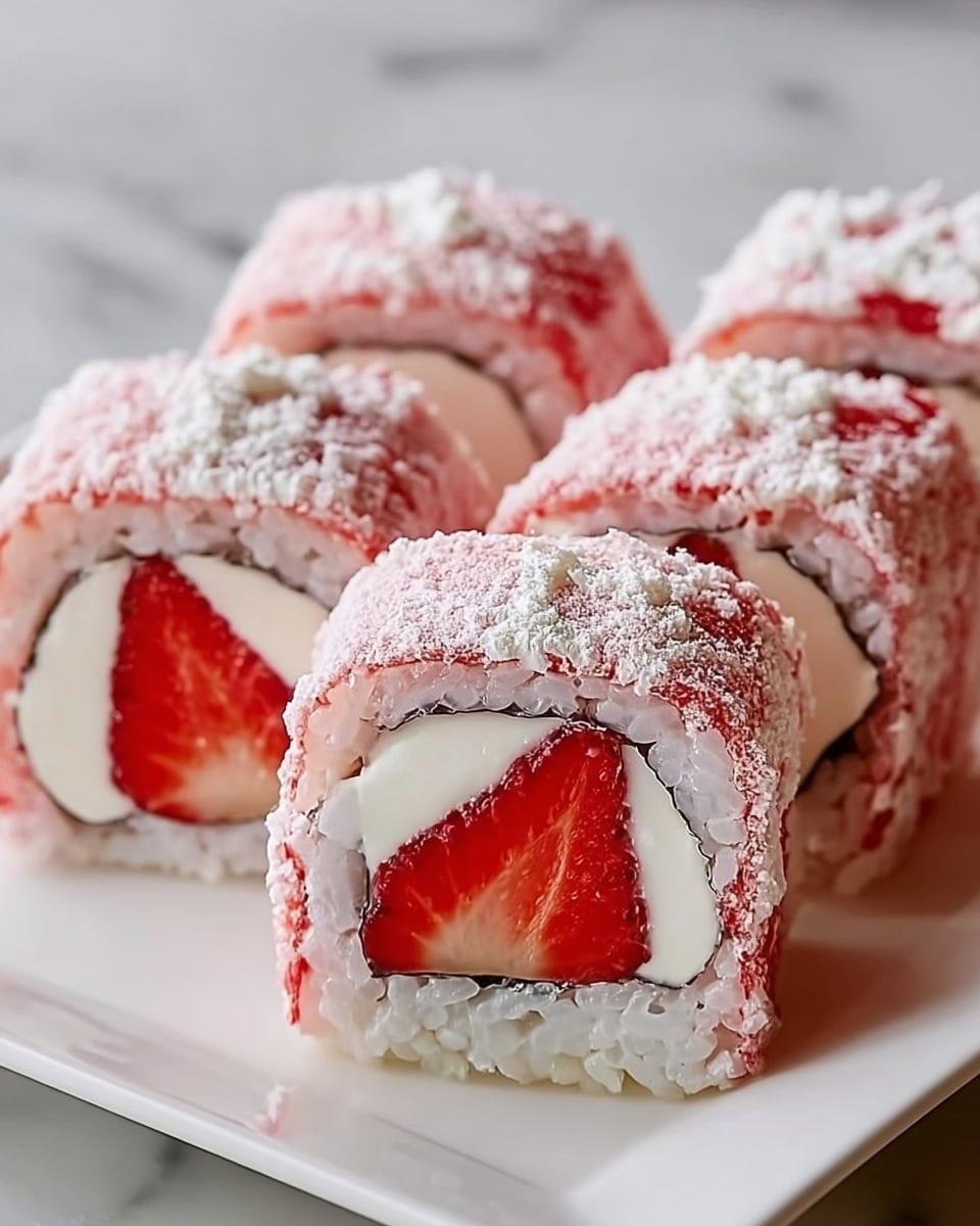Four pieces of sushi are neatly placed on a white plate on a white marbled surface. Each sushi piece has three clear layers: a bright red strawberry core in the center, surrounded by a thick white layer of rice, and coated on the outside with a pink layer that has a dusting of white powder on top. The outer pink layer looks smooth and slightly sticky, while the rice inside appears soft and dense. The pieces are cut cleanly, showing the layers clearly from the side. Photo taken with an iphone --ar 4:5 --v 7