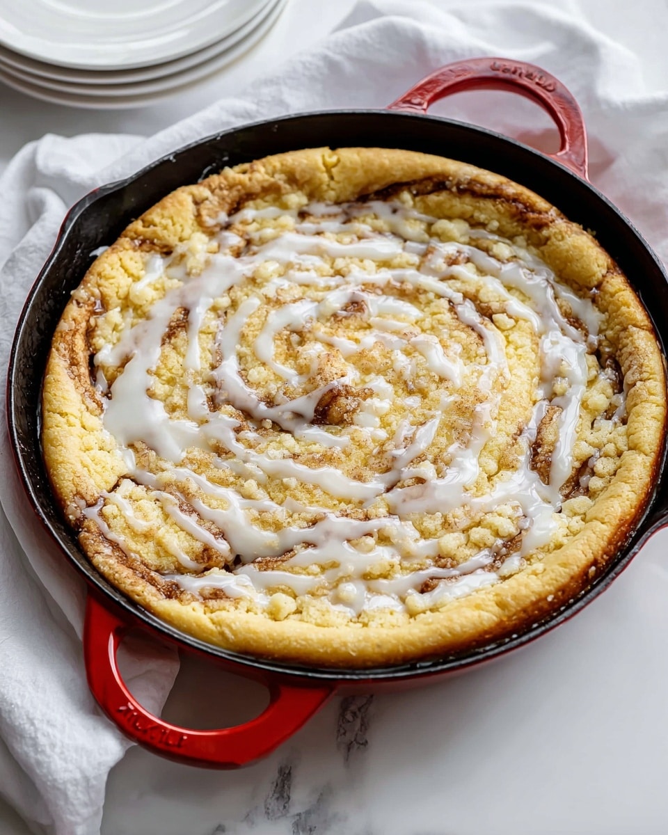 A round baked dessert sits in a red cast iron pan with a golden-brown crust edge, about one layer thick. Inside the crust, there is a crumbly pale yellow layer with uneven texture, mixed with thin swirls of light brown cinnamon, twisted throughout the surface. A thin, white glaze is drizzled irregularly over the top, creating a shiny layer that contrasts with the crumbly parts. The pan is resting on a white marbled surface with white cloth nearby and a stack of white plates in the background. photo taken with an iphone --ar 4:5 --v 7