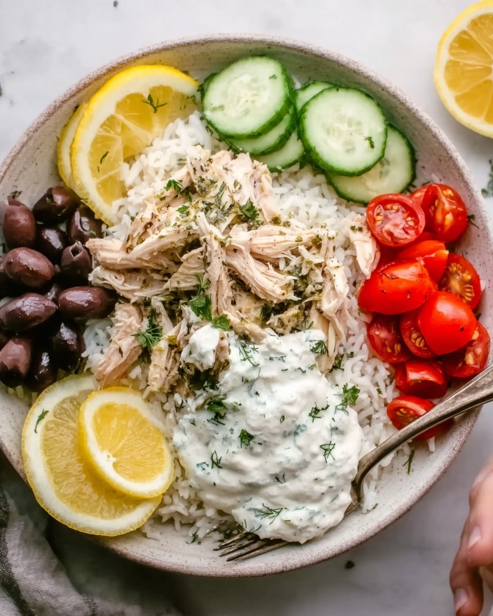 The dish is served in a white bowl placed on a white marbled surface. The base layer consists of fluffy white rice covering the entire bottom. On top of the rice, there is a layer of shredded chicken seasoned with herbs. To the left side of the bowl, there are black olives, and next to them, slices of fresh cucumber with green skin. On the upper right side, bright red sliced cherry tomatoes are arranged. A generous dollop of thick, creamy white sauce with green herbs is placed on the chicken near the lower right edge. Two lemon wedges with bright yellow skin are positioned on the bottom left and right sides of the bowl. A woman's hand with a fork is partially visible, reaching toward the food. Photo taken with an iphone --ar 4:5 --v 7