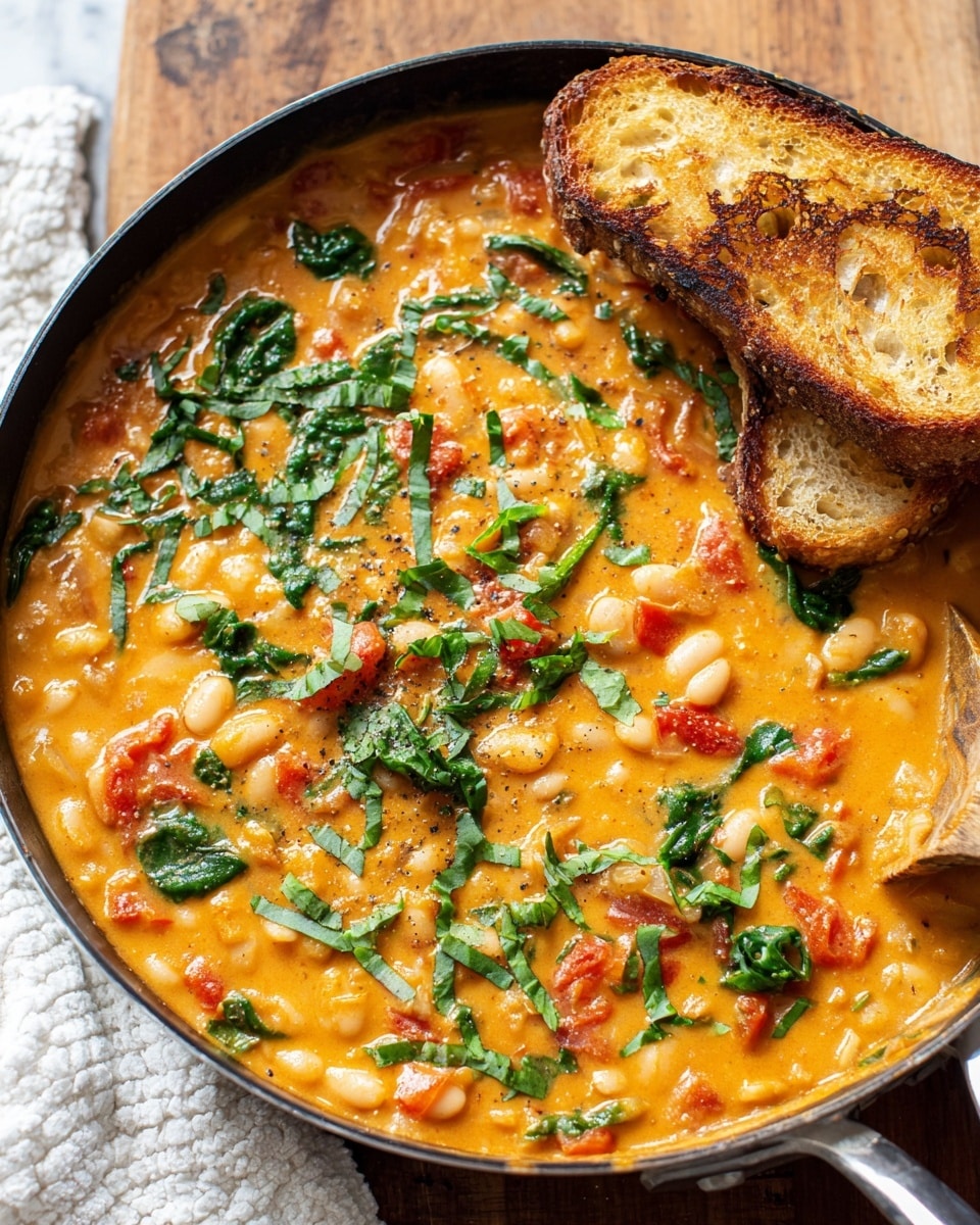 A large pan filled with a thick, orange creamy soup that has visible white beans and chunks of red tomatoes mixed throughout. Bright green chopped leafy herbs are scattered on top, adding a fresh contrast. Two pieces of toasted bread with a golden-brown crust rest partially dipped in the soup on the right side of the pan. The pan sits on a wooden surface with a white marbled textured cloth nearby. photo taken with an iphone --ar 4:5 --v 7