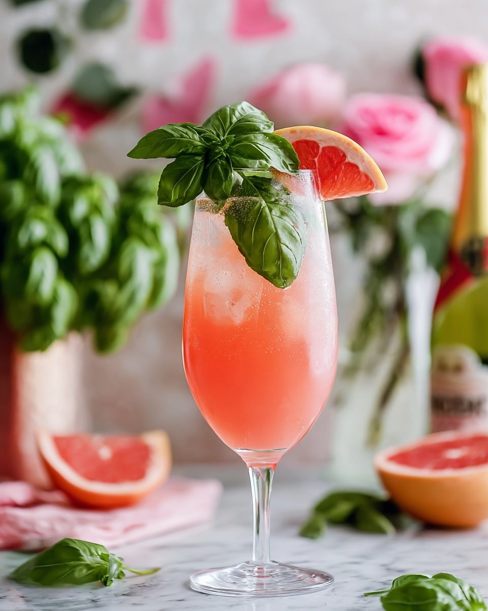 A tall clear wine glass filled with a pink frothy drink featuring ice cubes inside. Inside the drink, near the middle, is a large green basil leaf pressed against the glass. On top of the drink floats a lush green basil sprig with multiple leaves. A wedge of grapefruit with pink flesh and a light orange rind is perched on the rim of the glass on the right side. The drink sits on a white marbled surface with blurred pink roses, a halved grapefruit, and a bottle with a gold foil top in the background. The setting has a soft and bright look that highlights the freshness of the drink. photo taken with an iphone --ar 4:5 --v 7