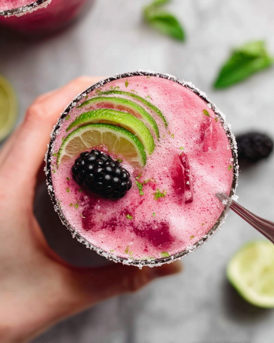 A close-up of a glass filled with a frothy, bright pink drink with visible ice cubes inside. The drink is topped with two thin green lime slices and one shiny black blackberry placed near the center. The glass rim is coated with coarse sugar with small bits of green lime zest. The background is a white marbled texture scattered with a few blackberries, lime wedges, and a green mint leaf. A woman's hand is holding the glass from the bottom right corner, and a silver spoon is partially inside the drink on the right side. Photo taken with an iphone --ar 4:5 --v 7
