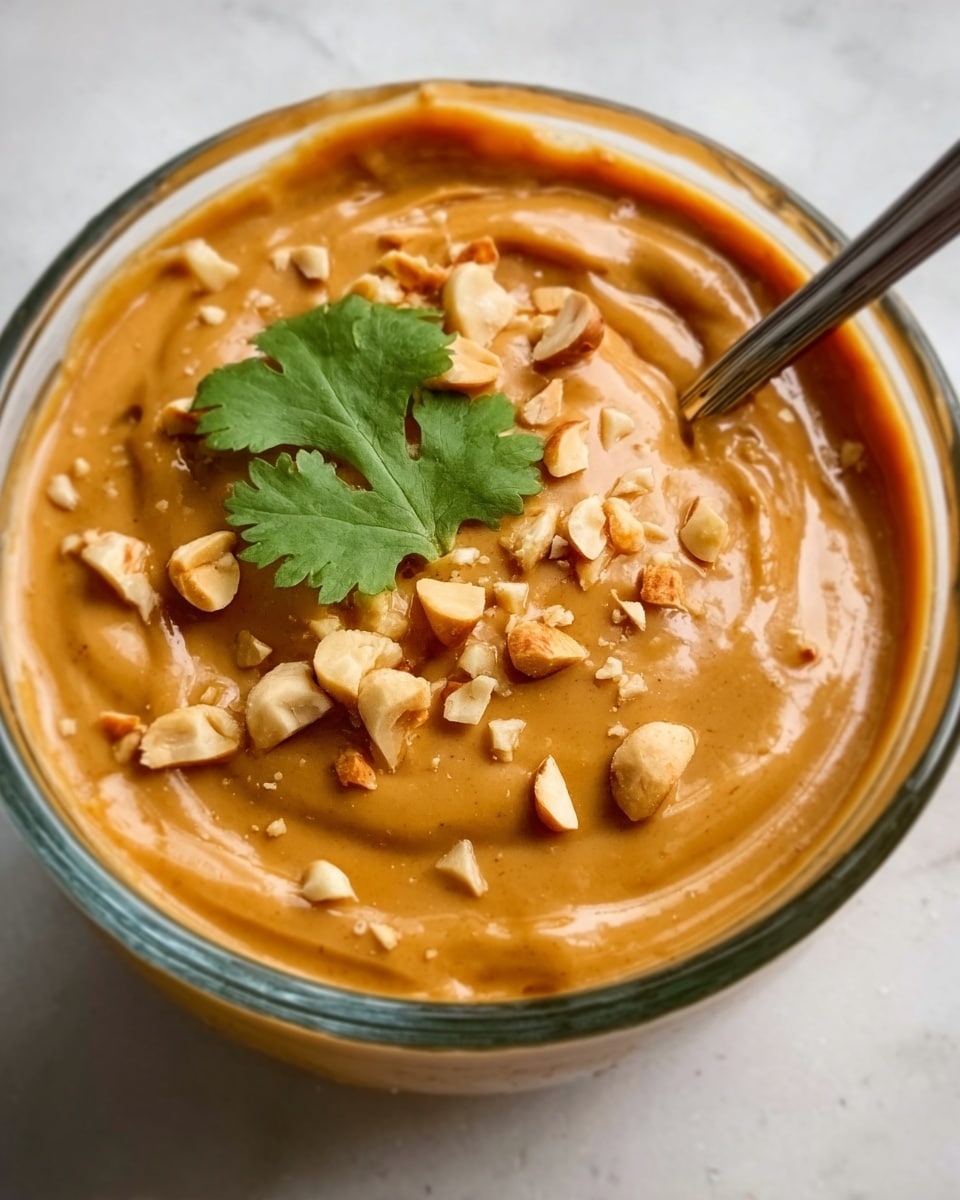 A white bowl filled with creamy peanut butter-colored soup or sauce, topped with small chopped peanuts and a few fresh green cilantro leaves in the center. A spoon is placed inside the bowl on the right side. The bowl is set on a white marbled texture surface. photo taken with an iphone --ar 4:5 --v 7