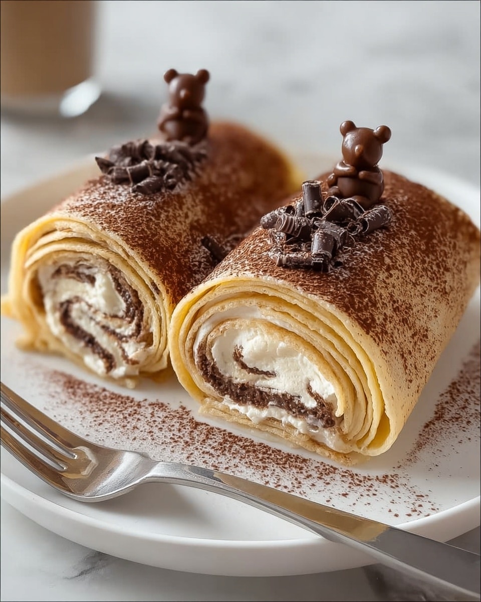 Two rolled crepe cakes sit side by side on a white plate, each showing many thin layers alternating between light golden brown crepe and creamy white filling, with swirling chocolate lines inside. The top of the cakes is dusted with fine cocoa powder, giving a rich brown coating. Small dark chocolate shavings and two small chocolate bear figures are placed on each roll, adding a cute decorative touch. The plate is on a white marbled surface, and a shiny fork rests beside the plate. Photo taken with an iphone --ar 4:5 --v 7