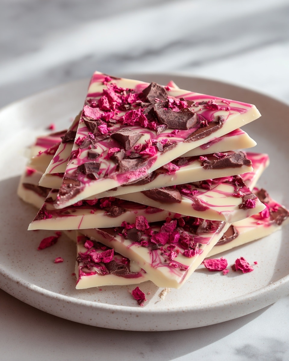 The image shows a stack of five thin, triangular bark pieces on a white plate. Each piece has a creamy white base with swirls of deep pink and dark chocolate chunks unevenly spread on top. Crushed bright pink bits are sprinkled over the bark, adding texture and vibrant color. The plate sits on a white marbled surface with soft natural light creating gentle shadows. Photo taken with an iphone --ar 4:5 --v 7