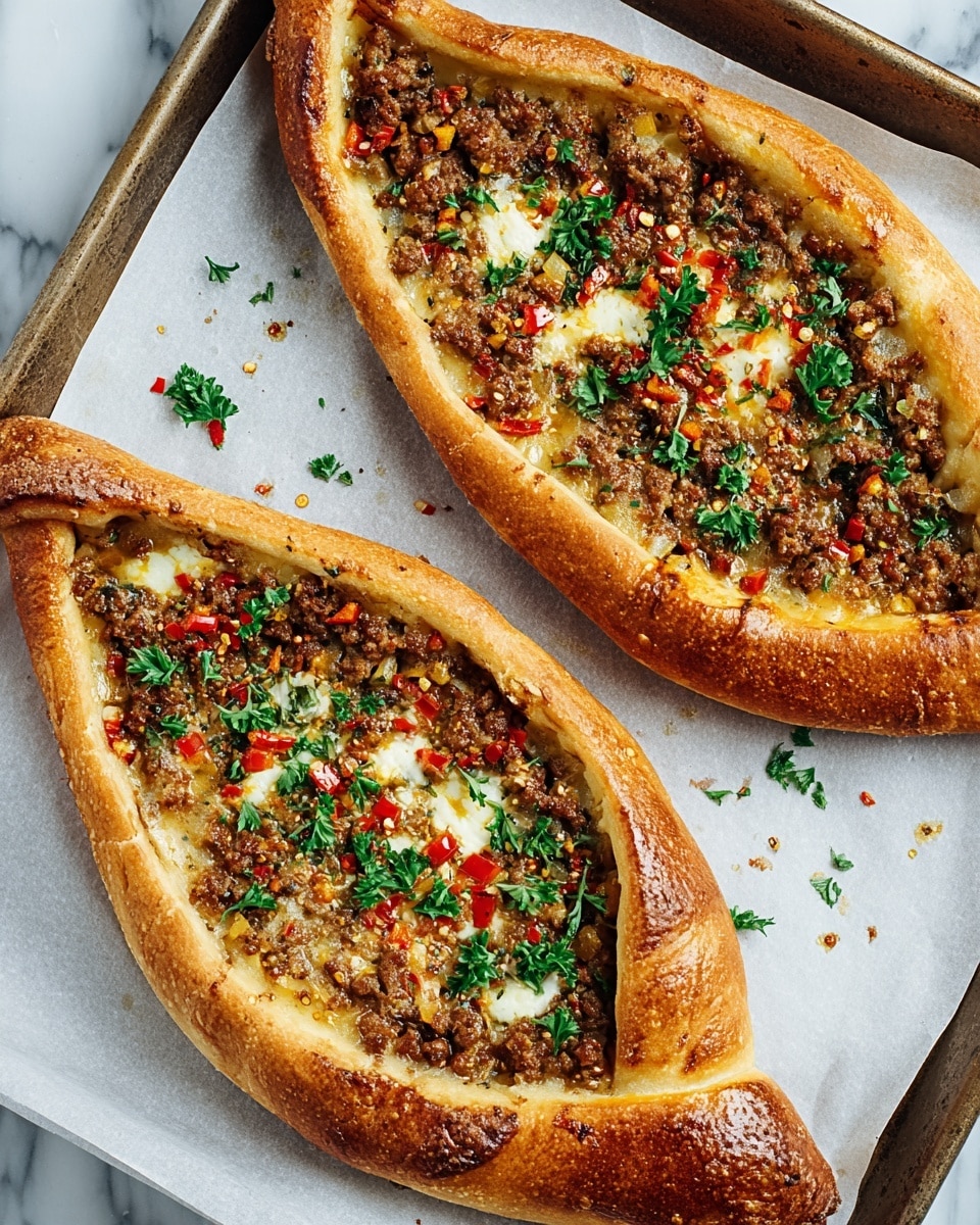 Two boat-shaped pastries filled with layers on a baking sheet lined with white parchment paper over a white marbled surface. Each pastry has a thick golden-brown crust that is crisp and slightly puffed. Inside, there is a base layer of creamy white cheese, topped with a crumbly brown meat mixture mixed with small diced onions and red bell peppers. The filling is sprinkled with finely chopped green herbs and red chili flakes, adding spots of green and red for color. The pastries look freshly baked with a shiny, lightly browned crust, and some scattered herbs around them for decoration. photo taken with an iphone --ar 4:5 --v 7