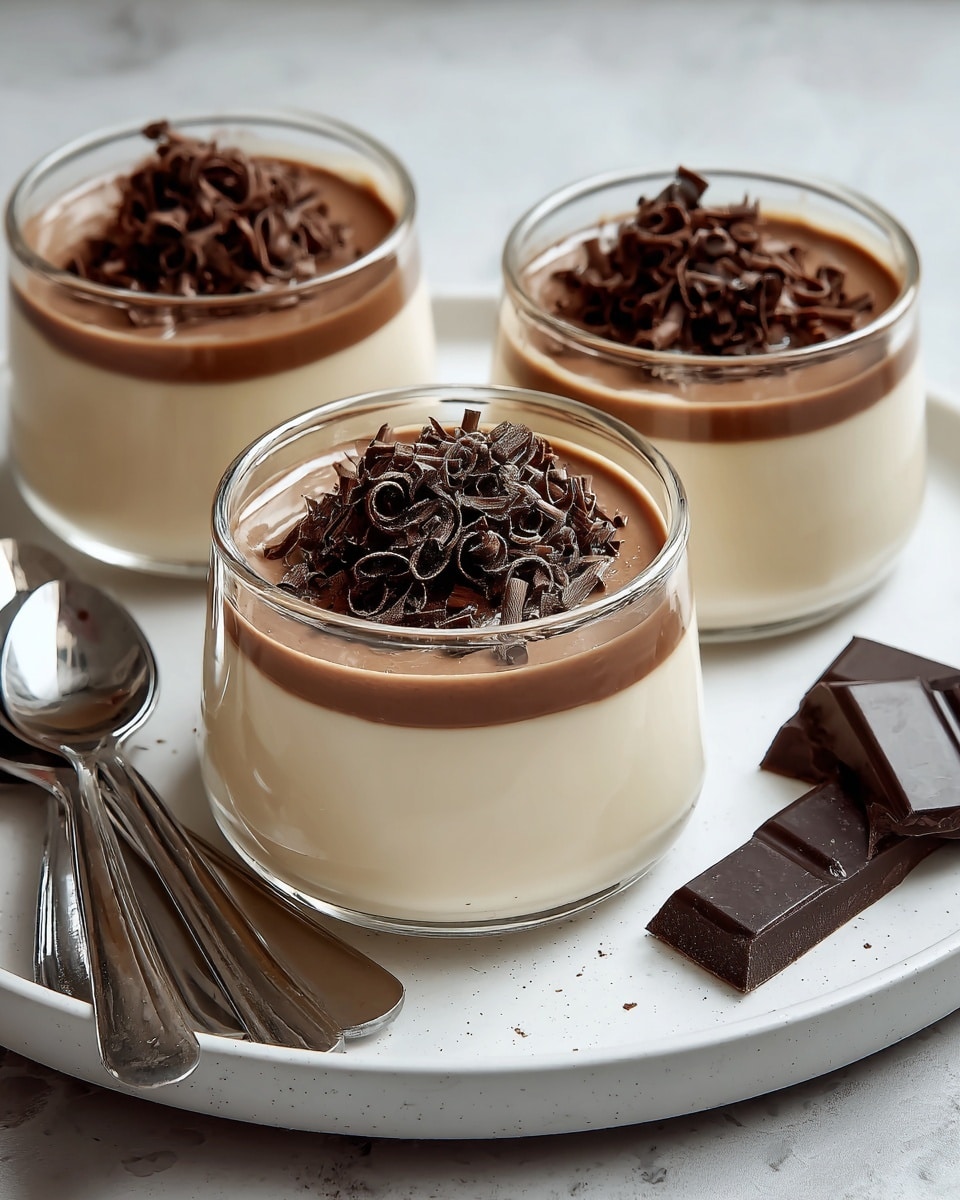 Three small glass bowls hold a creamy dessert with two clear layers: the bottom layer is smooth and light beige, topped by a slightly darker, glossy brown layer. Each dessert is garnished with finely shredded dark chocolate curls scattered on top. The bowls sit on a round white plate, which also holds two shiny metal spoons and a few pieces of dark chocolate broken into squares. The background is a white marbled texture, giving a clean and bright feel to the image. photo taken with an iphone --ar 4:5 --v 7