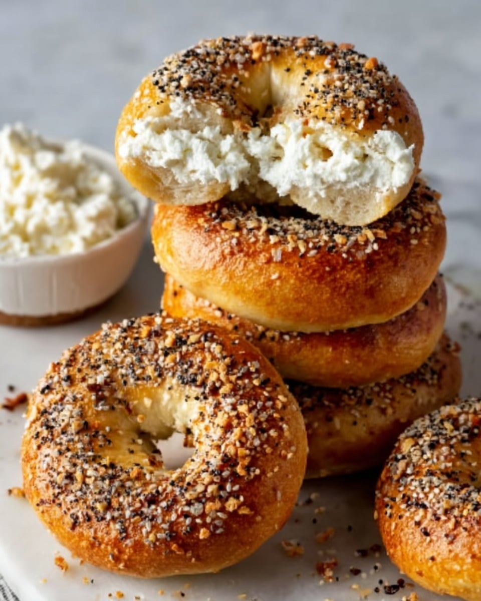 The image shows a group of five bagels with a shiny golden brown crust topped with a mix of black and white sesame seeds and other seeds, giving a crunchy look. One bagel is broken open, showing a soft inside filled generously with white, creamy cheese. The bagels rest on a rustic gray surface, with a white bowl filled with more white creamy cheese placed in the upper right corner. The warm, soft texture of the cheese contrasts with the crunchy, toasted exterior of the bagels. photo taken with an iphone --ar 4:5 --v 7