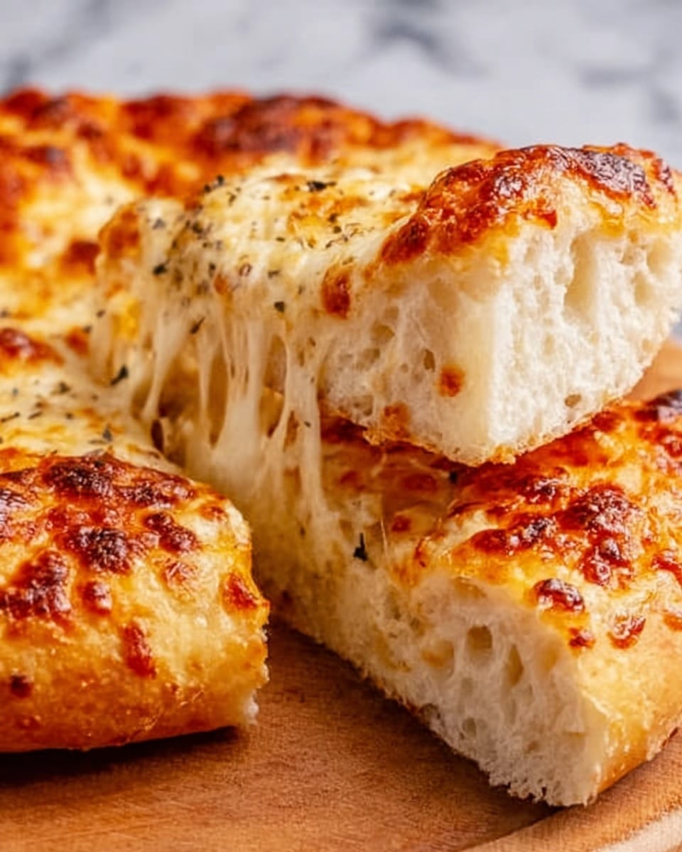 This image shows a close-up of a thick, cheesy pizza slice being pulled away from the rest of the pizza. The pizza has two visible layers: a golden-brown, bubbly cheese topping with a slightly charred and crispy texture on top, and a thick, soft, airy dough base with large holes inside, giving it a light and fluffy look. The cheese stretches in long, gooey strands as the slice is lifted. The pizza sits on a wooden board with a white marbled texture in the background. Photo taken with an iphone --ar 4:5 --v 7