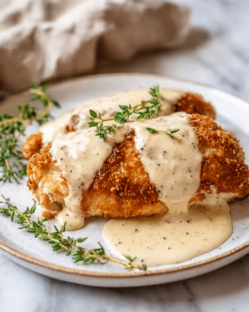 The image shows two pieces of golden brown, crispy fried chicken breasts lying side by side on a white plate. Each piece is covered with a creamy white gravy sauce that has a smooth texture and some speckles of black pepper. The sauce spreads slightly onto the plate creating a small pool at the bottom. Fresh green thyme sprigs are placed next to the chicken as garnish. The plate sits on a white marbled surface, and a blurred beige cloth is visible in the background. The dish looks warm, rich, and comforting. Photo taken with an iphone --ar 4:5 --v 7
