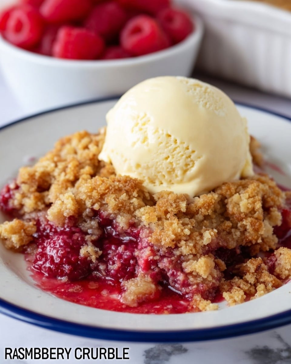 The image shows a close-up of a dessert on a white plate with a blue edge, placed on a white marbled surface. The dessert has two main layers: the bottom layer is a deep red, juicy raspberry filling with a shiny, slightly chunky texture, and the top layer is a crumbly, golden brown mixture that looks crunchy and uneven. Resting on the side of the crumble is a scoop of creamy, pale yellow vanilla ice cream with a smooth, soft texture and slight ridges from scooping. In the background, there is a white bowl filled with fresh red raspberries. photo taken with an iphone --ar 4:5 --v 7