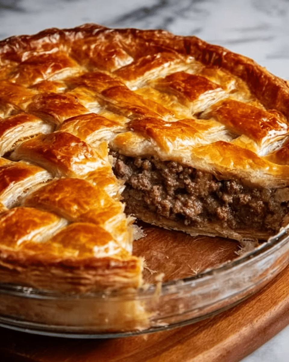 A clear glass pie dish holds a golden brown meat pie with a shiny, braided crust on top. One slice is removed, showing a thick filling of cooked ground meat inside that is dark brown and moist. The pie crust is flaky and slightly puffed, with a rich, glossy surface that catches the light. The pie sits on a wooden board against a white marbled background. photo taken with an iphone --ar 4:5 --v 7