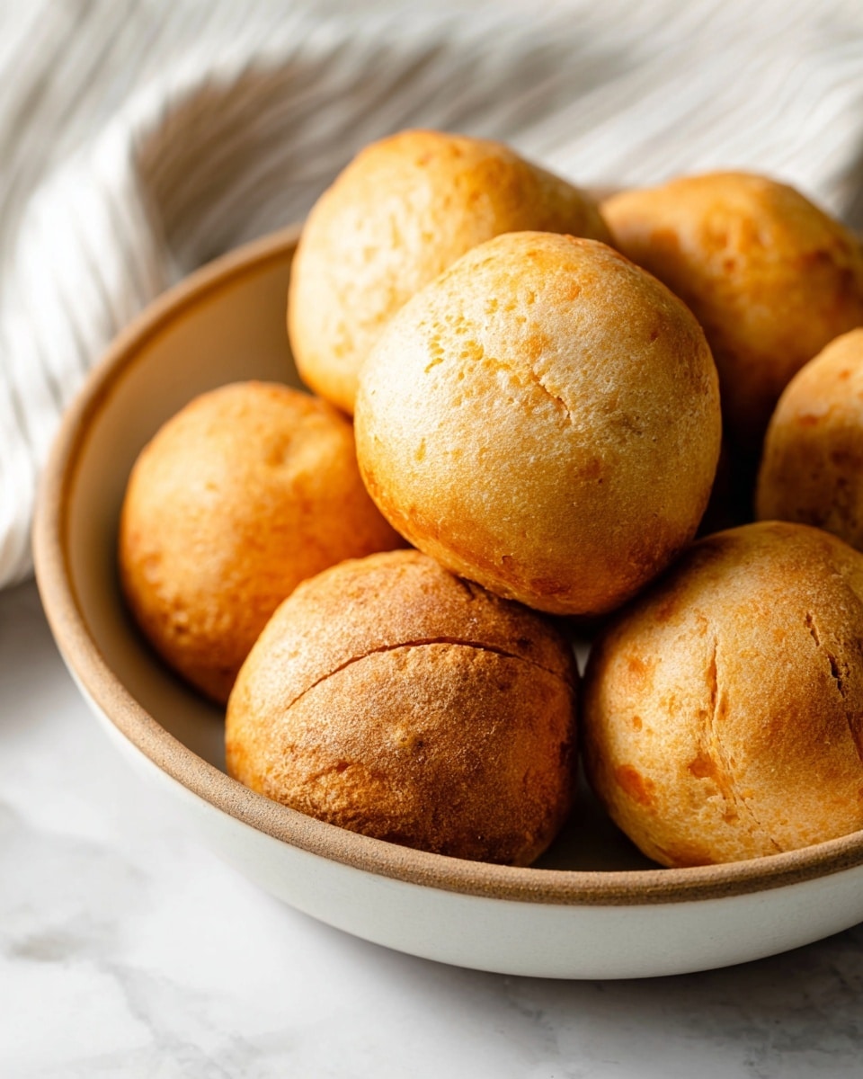 A white bowl filled with eight round, golden-brown bread rolls stacked closely together, each roll showing a slightly cracked, crispy outer texture with uneven surfaces and a warm, toasted color. The bowl sits on a white marbled surface, and in the blurred background, another white bowl with similar bread rolls is partially visible, along with a beige and white striped cloth adding a soft texture contrast. photo taken with an iphone --ar 4:5 --v 7
