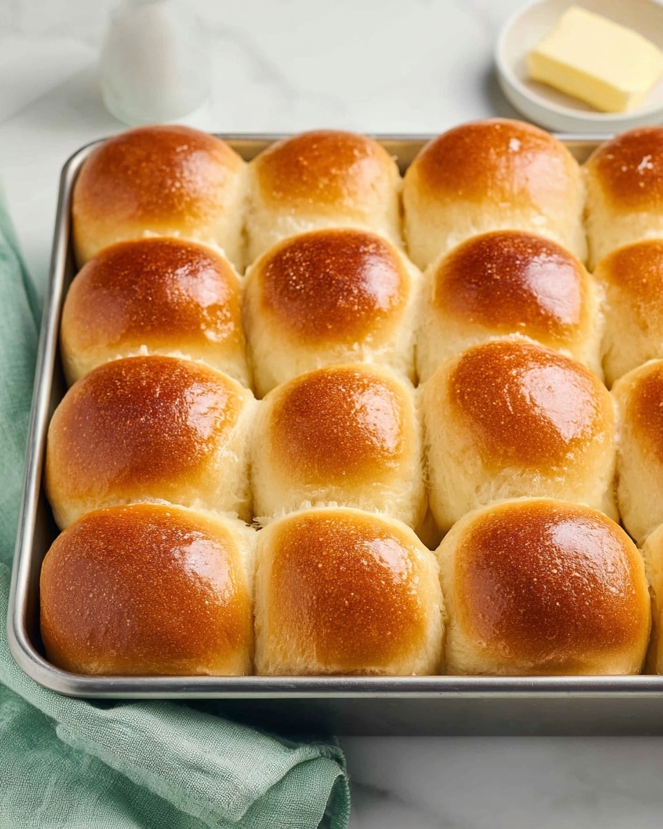 A close-up view of a rectangular metal baking pan filled with fifteen soft, golden-brown dinner rolls. The rolls are tightly arranged in a 3 by 5 grid and have a shiny, smooth top crust with a slightly darker golden tone in the middle of each roll. The sides of the rolls are pale and fluffy-looking, showing their soft texture. The pan sits on a white marbled surface with a light green cloth to the left and a small white bowl with butter to the right. Photo taken with an iphone --ar 4:5 --v 7
