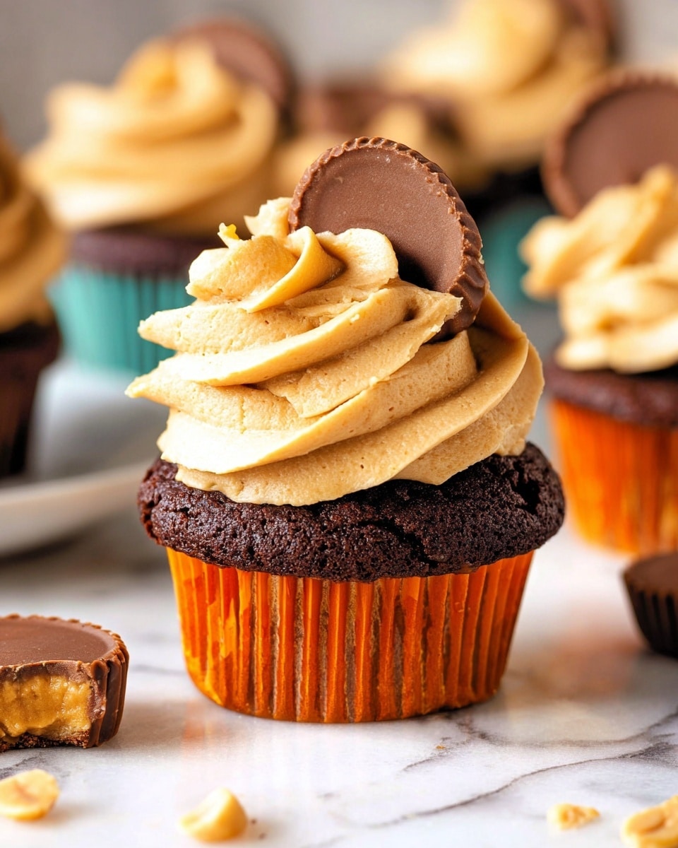 The image shows a chocolate cupcake with three visible layers: the bottom layer is a dark brown chocolate cake in an orange liner, the middle layer is a thick swirl of tan peanut butter frosting that has a smooth and creamy texture with some folds, and the top layer is a chocolate peanut butter cup placed vertically into the frosting. The cupcake sits on a white marbled surface with some scattered peanut pieces around it. The background is softly blurred with other cupcakes and chocolate peanut butter cups visible. Photo taken with an iphone --ar 4:5 --v 7
