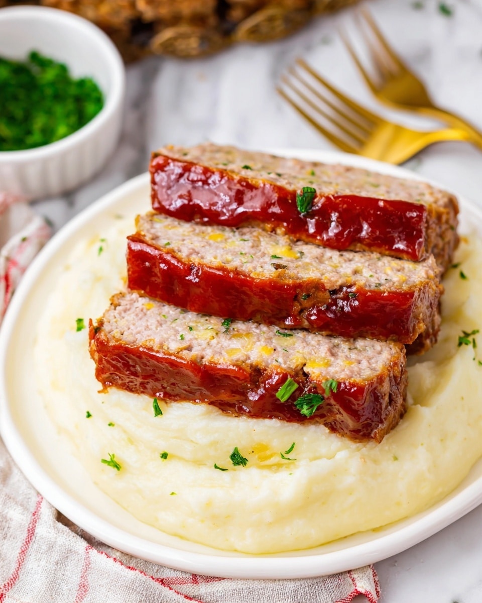 A white plate holds four thick slices of meatloaf arranged in a slightly overlapping stack, each slice showing a light, moist interior with specks of yellow cheese and herbs. The top of each meatloaf slice is covered with a glossy, deep red sauce. Beneath the meatloaf is a smooth, creamy layer of pale yellow mashed potatoes spread evenly on the plate. Small green herb pieces are sprinkled on top of both the meatloaf and mashed potatoes for garnish. A white bowl with chopped green herbs and a gold fork appear in the blurred background, all set on a white marbled surface. photo taken with an iphone --ar 4:5 --v 7