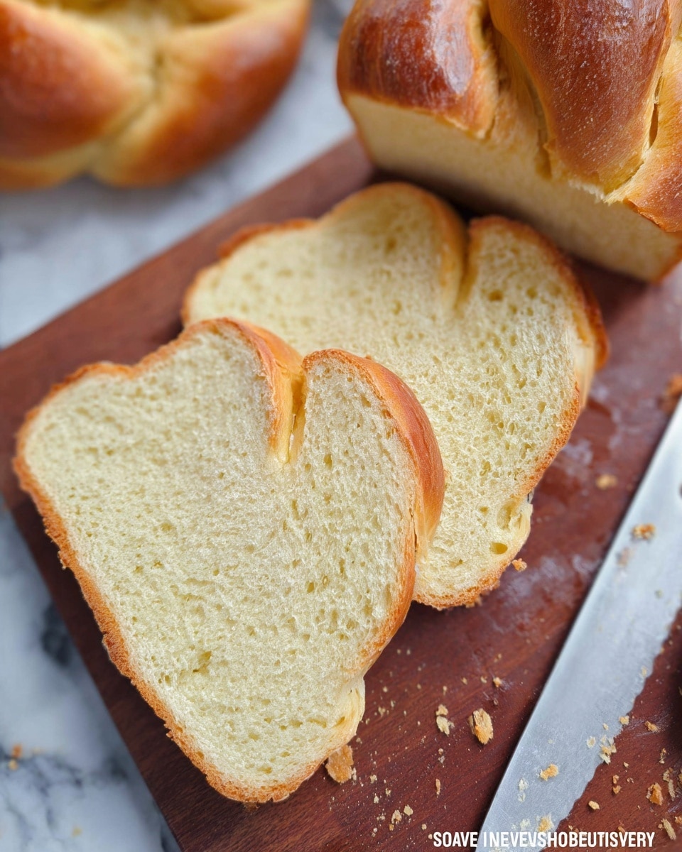 The image shows several slices of soft, light yellow braided bread with a shiny, golden brown crust. The bread has a smooth texture with small air holes inside, making it look fluffy and fresh. The slices are laid flat on a wooden cutting board with a few crumbs scattered around. Behind the slices is the rest of the braided bread loaf, partially visible, and near the top right corner, there is a knife resting on the board. The scene is set on a white marbled surface. photo taken with an iphone --ar 4:5 --v 7