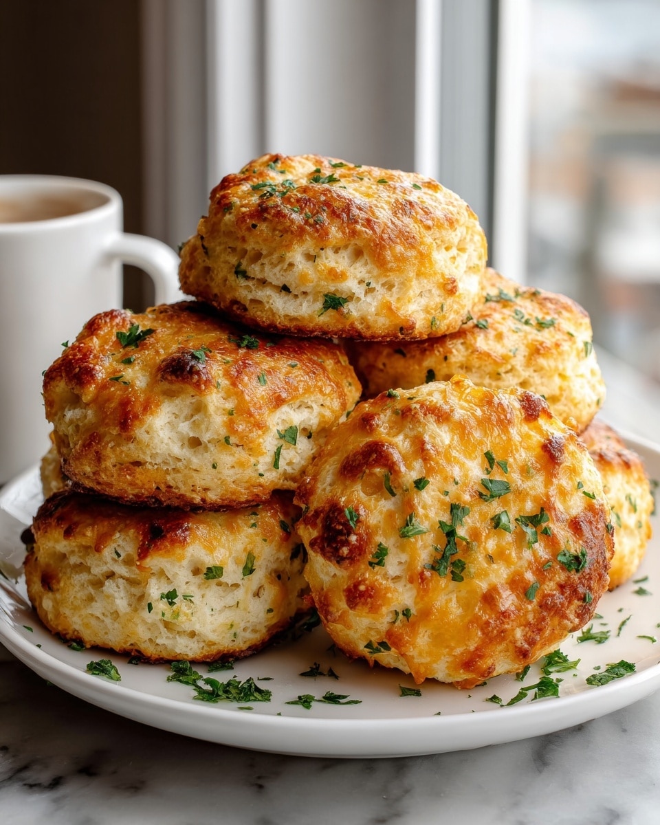A white plate holds a stack of six golden brown cheese biscuits, each slightly round and fluffy with a crispy top layer. The biscuits show textures of melted cheese and bits of chopped green parsley scattered on and around them, adding a fresh touch. The biscuits have a rough, porous surface with darker toasted spots on top and lighter, soft insides visible. The plate is placed on a white marbled surface, with a blurred window and a white cup in the background. photo taken with an iphone --ar 4:5 --v 7