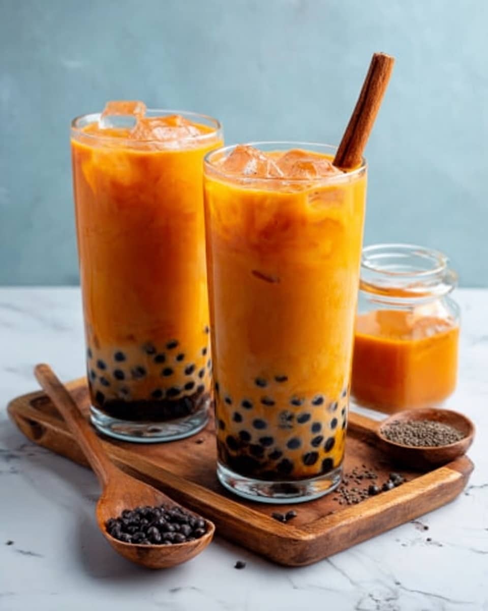 Two tall clear glasses filled with orange iced bubble tea, each glass layered with dark black tapioca pearls at the bottom, light orange creamy tea in the middle, and ice cubes on top, with a cinnamon stick standing inside one of the glasses. The glasses sit on a small wooden tray that also holds a wooden spoon filled with some loose black tapioca pearls. Next to the tray is a small glass jar with orange liquid. The background is a white marbled surface with a light blue wall behind. Photo taken with an iphone --ar 4:5 --v 7