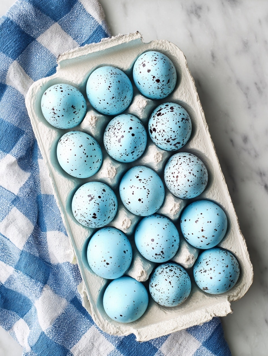 The image shows a white carton filled with fourteen light blue eggs, each speckled with small dark spots, arranged in four rows. One egg is cracked open, revealing a bright orange yolk inside. The carton sits on a blue and white checkered cloth, all set on a white marbled surface. photo taken with an iphone --ar 4:5 --v 7