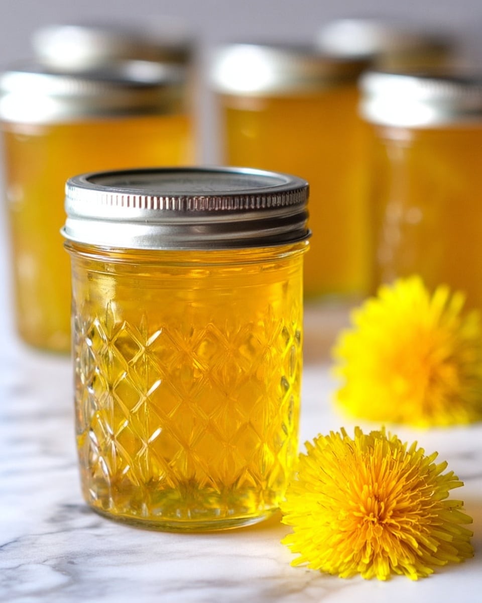 A small glass jar with a silver metal lid filled with golden yellow liquid, showing a clear and smooth texture. The jar has a diamond-patterned surface that catches the light, making the liquid inside shine warmly. In the foreground, a bright yellow dandelion flower lies next to the jar on a white marbled surface. In the background, there are several similar jars slightly out of focus, also filled with the same golden liquid, and another dandelion flower appears blurred behind them. photo taken with an iphone --ar 4:5 --v 7