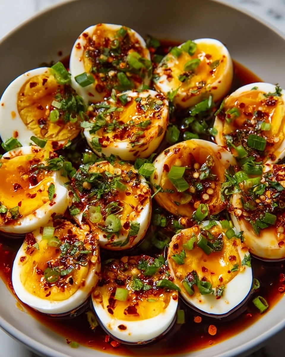 A close-up view of a white bowl filled with about fourteen halved boiled eggs, each showing a bright yellow yolk in the center surrounded by smooth white egg whites; the eggs are covered with a thick, glossy reddish-brown chili oil sauce spotted with chili flakes, and sprinkled with fresh green chopped herbs and small green onion pieces, all resting in a shallow pool of sauce at the bottom of the bowl, set against a white marbled surface. photo taken with an iphone --ar 4:5 --v 7