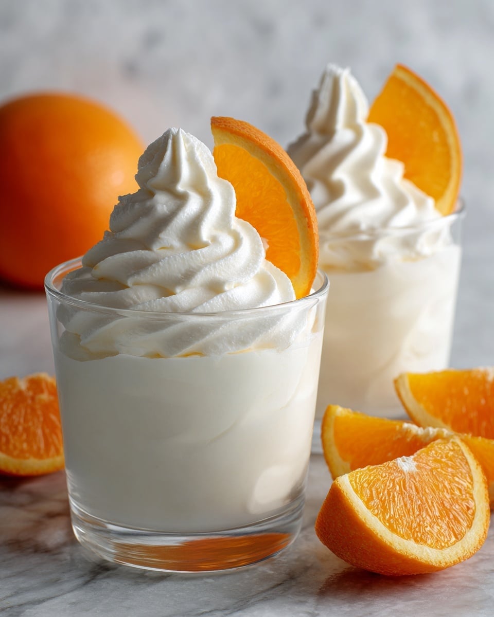 Two clear glasses are filled with smooth, creamy white mousse that fills about three-quarters of each glass. On top of the mousse is a thick, fluffy swirl of bright white whipped cream. Each swirl is crowned with a fresh, vibrant orange slice, showing the juicy texture and bright color of the fruit. The glasses rest on a surface with a white marbled texture, and in the background, there is a whole orange and a halved orange, with the rich orange color contrasting softly with the white tones of the dessert. Photo taken with an iphone --ar 4:5 --v 7