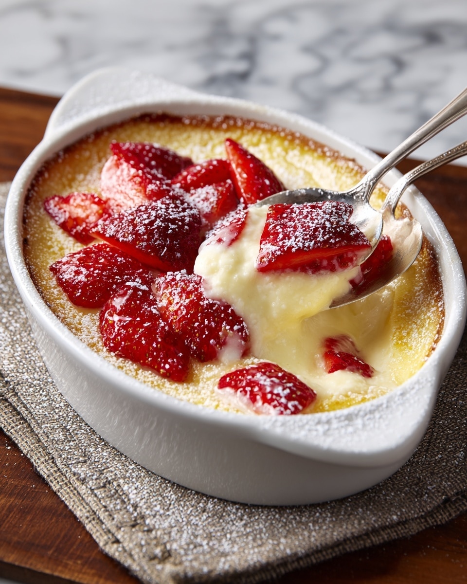 A white oval dish filled with a baked dessert shows three visible layers: a thin, golden crust at the bottom, a creamy pale yellow custard in the middle, and sliced red strawberries on top. The strawberries are glossy and some are slightly sunken into the custard. White powdered sugar is sprinkled unevenly over the strawberries, adding a soft texture. A spoon is scooping a portion from the corner, revealing the creamy inside with pieces of strawberries mixed in. The dish is placed on a rough brown woven cloth atop a wooden table, all set against a white marbled texture. photo taken with an iphone --ar 4:5 --v 7