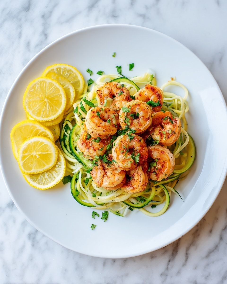 A white plate holds a dish with three layers; the bottom layer is spiralized zucchini noodles in light green and white shades, arranged in a loose circular pile. On top of this is a layer of grilled shrimp, nine pieces, evenly spread in a circular pattern, showing their orange-pink shells and slightly charred marks. Small green parsley leaves are scattered on the shrimp and zucchini, adding fresh color. On the left side of the plate, there are four thin lemon slices stacked neatly, with a bright yellow rind and translucent pulp. The plate sits on a white marbled surface. photo taken with an iphone --ar 4:5 --v 7