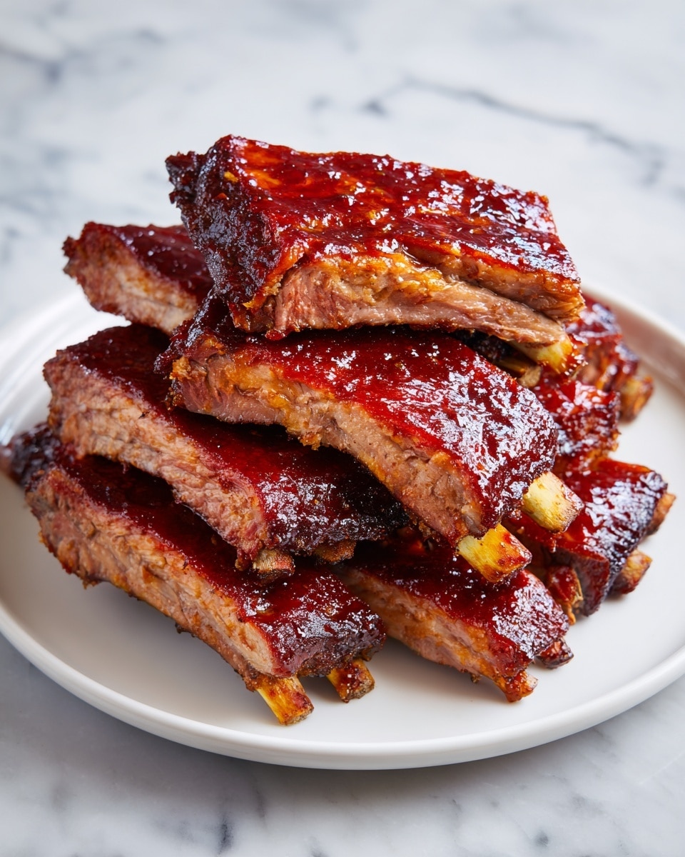 A white plate holds a stack of eight barbecue ribs arranged in two layers, with the top layer consisting of four ribs laid across the four ribs below. Each rib is coated with a thick, glossy, reddish-brown barbecue sauce that highlights a slightly charred texture around the edges. The meat beneath the sauce is tender and has a darker, rich color, contrasting with the visible white bones protruding from both ends. The background is a white marbled surface. photo taken with an iphone --ar 4:5 --v 7