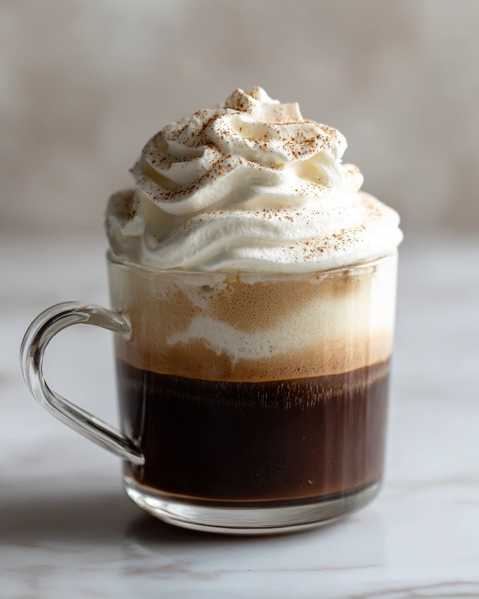 A clear glass cup with a handle sits on a white marbled surface. The cup shows three clear layers: the bottom layer is dark brown coffee filling about half the glass, the middle layer is a thin light cream layer, and the top layer is thick white whipped cream piled high with a soft, swirled texture. Some light brown powder is sprinkled on the whipped cream, adding a delicate contrast. The background is softly blurred, keeping the cup in clear focus. Photo taken with an iphone --ar 4:5 --v 7