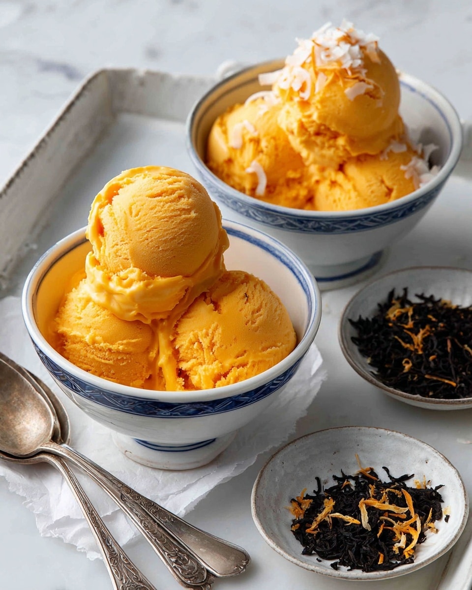 Two white bowls with blue rims hold bright orange scoops of creamy ice cream, each showing a smooth texture with small ridges. One bowl is filled with two rounded scoops neatly stacked, while the other has a single scoop topped with white toasted coconut flakes. Next to the bowls are small, round silver dishes, one filled with dark, finely textured tea leaves, and the other with more toasted coconut flakes scattered loosely. The setup rests on white parchment atop a tray with a white marbled surface background, accompanied by two vintage silver spoons placed nearby. photo taken with an iphone --ar 4:5 --v 7