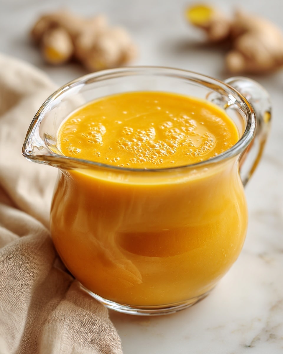A clear glass jug filled with a thick, smooth, bright orange sauce or puree, having a slightly textured surface with small bubbles and gentle swirls on top. The jug is placed on a white marbled surface with soft beige cloth and pieces of ginger blurred in the background. The overall look is clean and warm, showing the creamy texture of the sauce inside the transparent jug. photo taken with an iphone --ar 4:5 --v 7