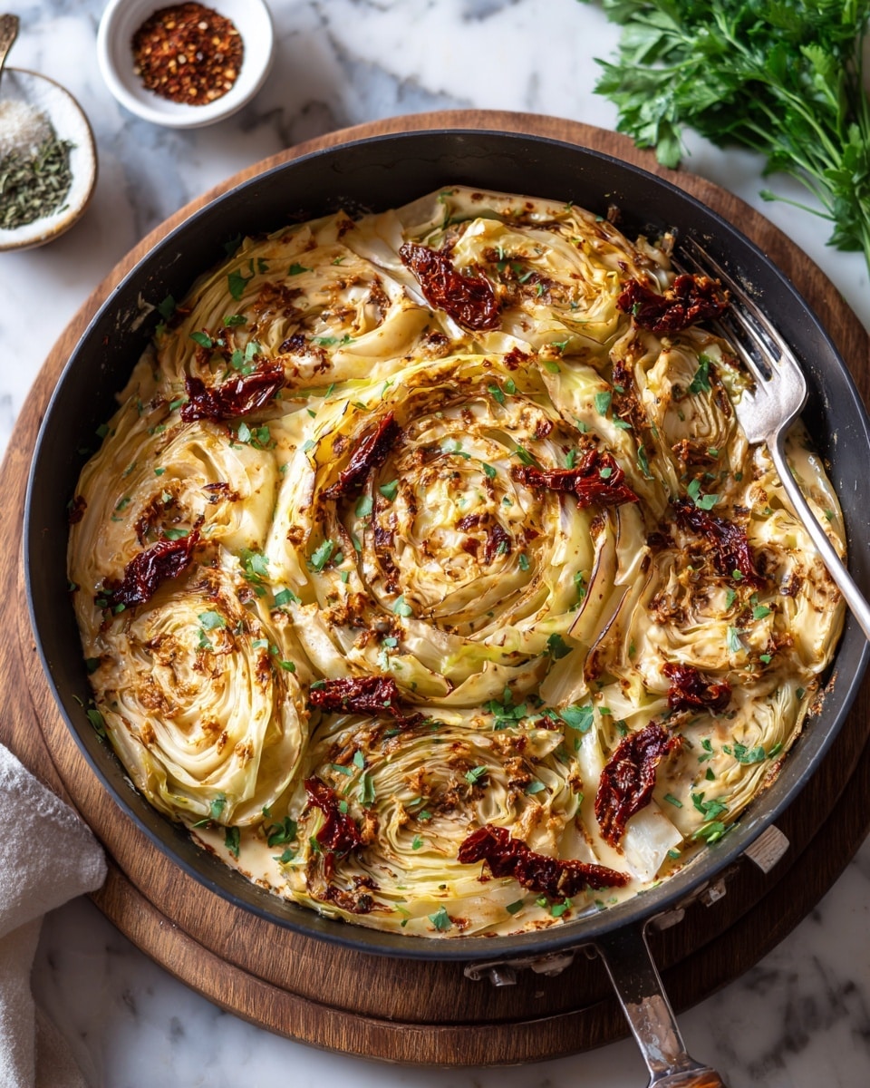 A round black pan holds a whole layered cabbage cooked in creamy light brown sauce with visible herbs and spices, giving it a rich, slightly thick texture. The cabbage is cut into several leafy layers, each pale yellow with browned edges, swirling from the center outward. Pieces of dark red sun-dried tomatoes are scattered on top, adding contrast, while small green herb leaves are lightly sprinkled over the dish. A silver fork rests on the right side of the pan, pressing slightly into the cabbage, and the pan sits on a wooden board. The background features hints of fresh green parsley and small white bowls with spices on a white marbled surface. Photo taken with an iphone --ar 4:5 --v 7