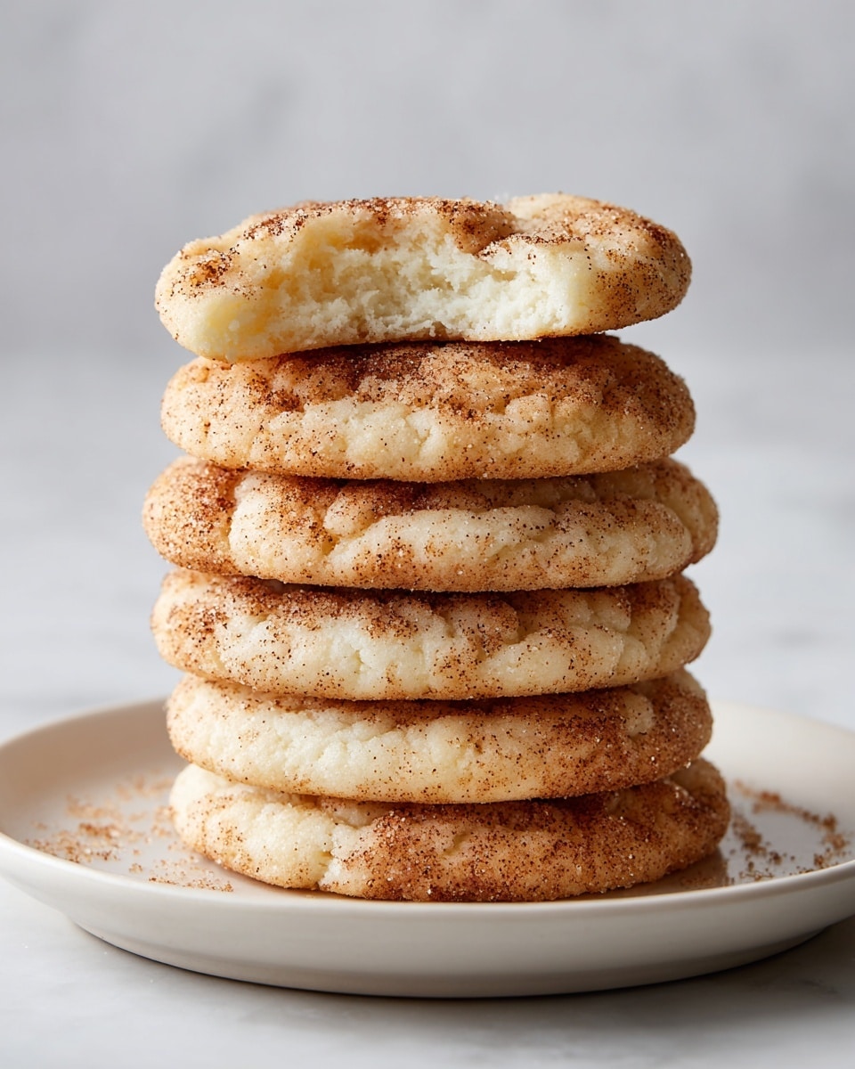A stack of seven soft, round cookies sits on a simple white plate against a white marbled background. Each cookie has a light golden-brown outer edge with a soft, creamy white center that looks slightly melted and gooey. The top of the cookies is sprinkled with a layer of brown sugar and cinnamon mix, giving a grainy texture and a warm, toasted color that contrasts with the smooth, pale center. The cookies appear thick and slightly puffy, with some edges showing a gentle rise and crispness. photo taken with an iphone --ar 4:5 --v 7