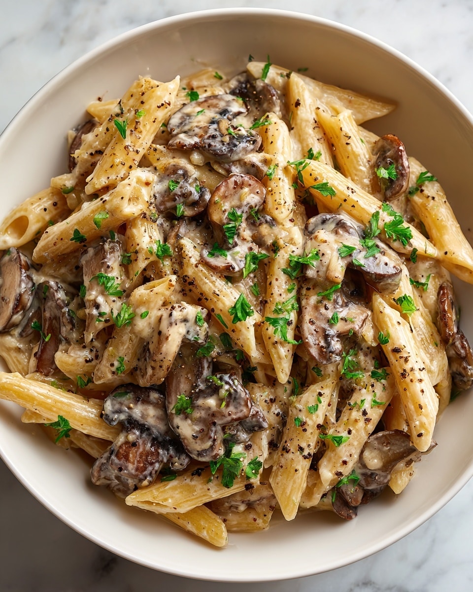 A white bowl filled with pasta dish featuring penne pasta coated in a creamy, light beige mushroom sauce mixed with sliced mushrooms that have a brown and tan color. The sauce is thick and smooth, covering the pasta and mushrooms evenly. Small flecks of black pepper and chopped green parsley are sprinkled on top, adding texture and color contrast. The dish looks warm and rich, sitting on a white marbled surface. photo taken with an iphone --ar 4:5 --v 7